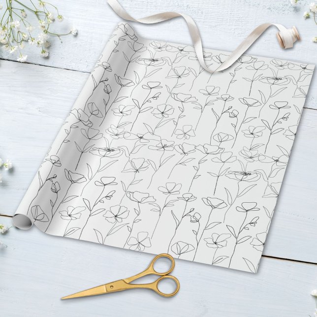 Vallmo Vildblomma Svart och Vitt Minimalistiskt Bl Presentpapper (Close up)