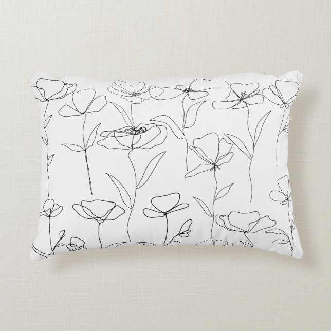 Vallmo Vildblomma Svart och Vitt Minimalistiskt Bl Prydnadskudde (Framsidan)