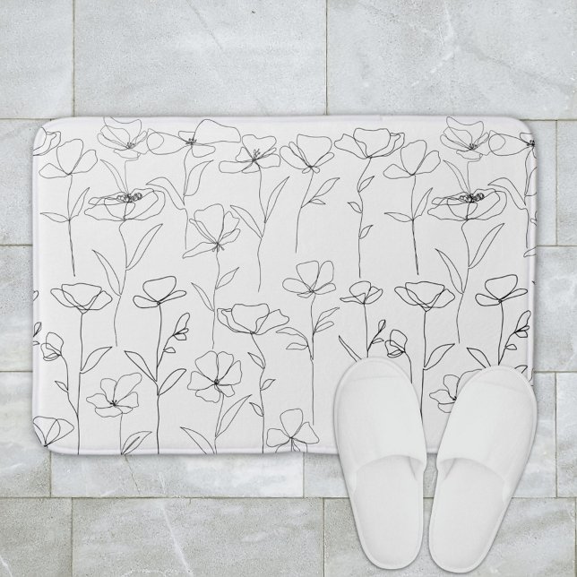 Vallmo Vildblomma Svart och Vitt Minimalt Blommoti Badrumsmatta (In situ bathroom floor)