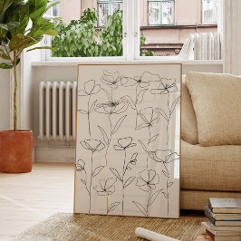 Vallmo Vildblomma Svart och Vitt Minimalt Blommoti Poster