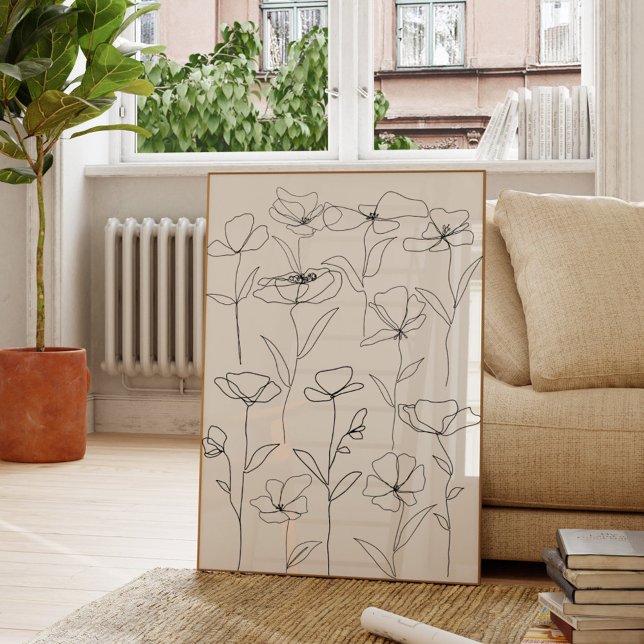 Vallmo Vildblomma Svart och Vitt Minimalt Blommoti Poster (In situ Living room)