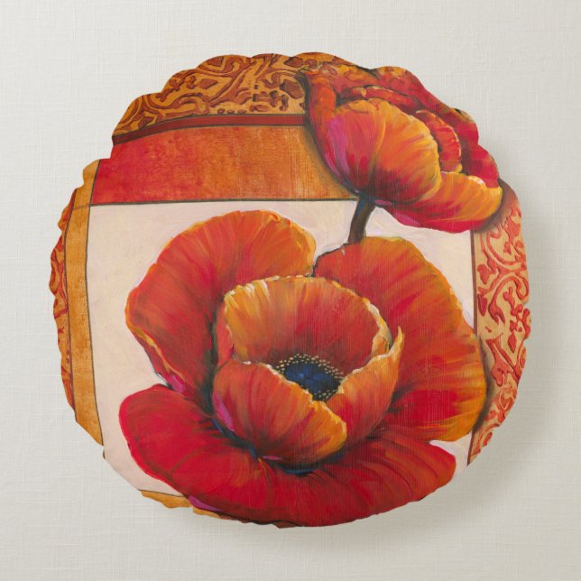 Vallmoblommor i Tan och Orange Rund Kudde (Framsidan)
