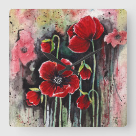 Vallmoblommor i vattenfärg fyrkantig klocka