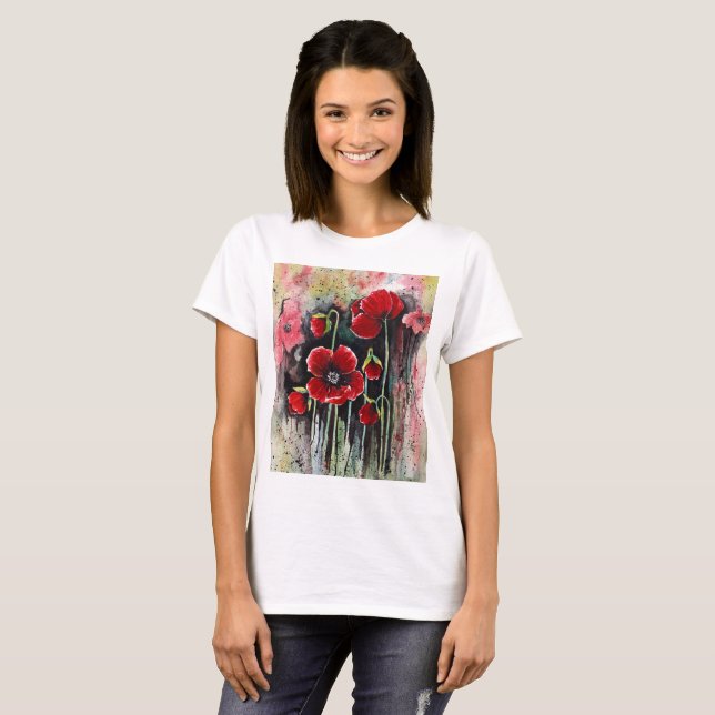 Vallmoblommor i vattenfärg t shirt (Hel framsida)