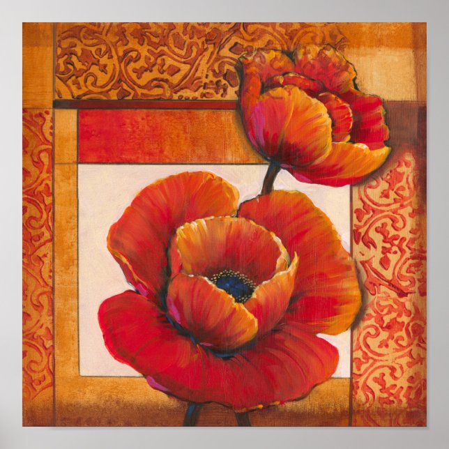 Vallmoblommor på Tan- och Orange-bakgrunden Poster (Framsidan)