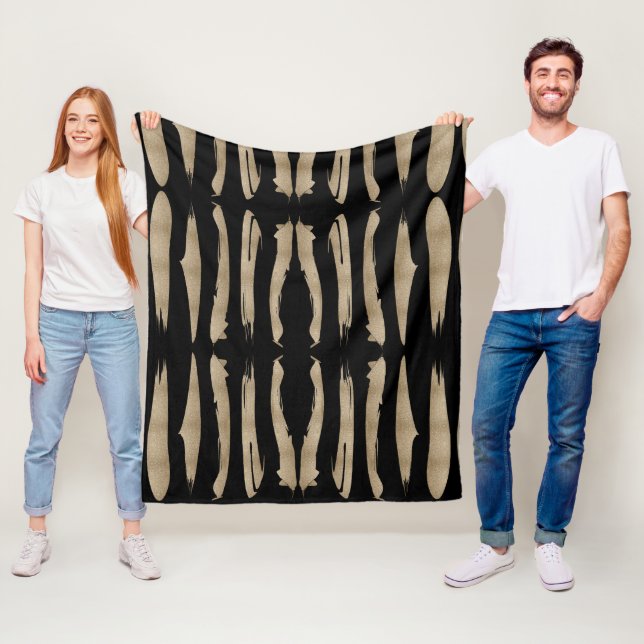 Vallmogeometrisk mönster svart och guld rand fleecefilt (På plats)
