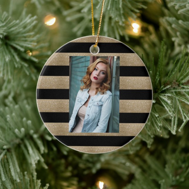 Vallmogeometrisk mönster svart och guld rand julgransprydnad keramik (Träd)