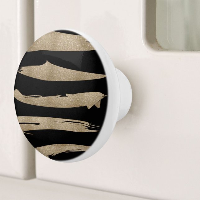 Vallmogeometrisk mönster svart och guld rand knopp (preppy geometric pattern black and gold stripes ceramic knob)