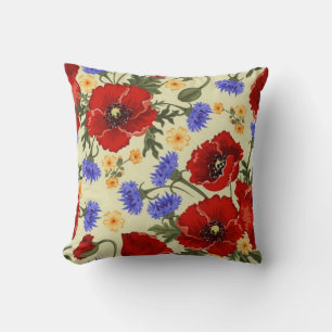 vallmon och blåa blommor för vintage kudder den kudde