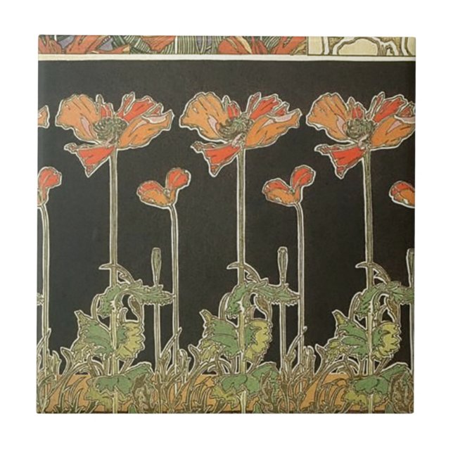 Vallmor för art nouveau för Alphonse Mucha vintage Kakelplatta (Framsidan)