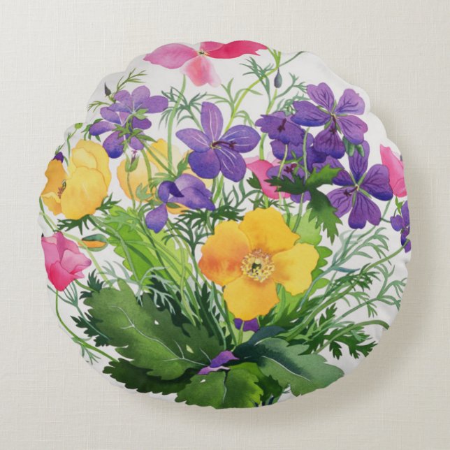 Vallmor och pelargoner rund kudde (Framsidan)
