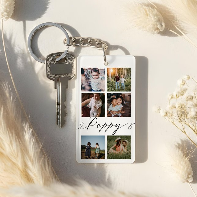 Vallmoskript| Farbarn - Fotorutnätskoppling (Poppy Script | Grandchildren Photo Grid Collage Keychain)