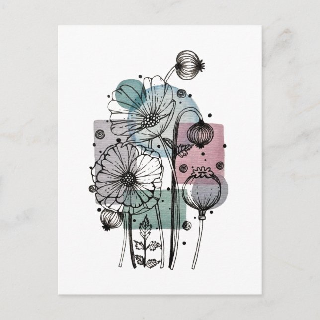 Vallmosor prydnad i bläck och akvarell vykort (Framsida)