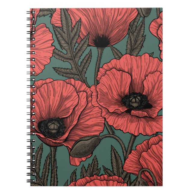 Vallmoträdgård i korall, brun och gräs grönt anteckningsbok (Framsidan)