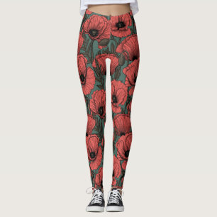 Vallmoträdgård i korall, brun och gräs grönt leggings
