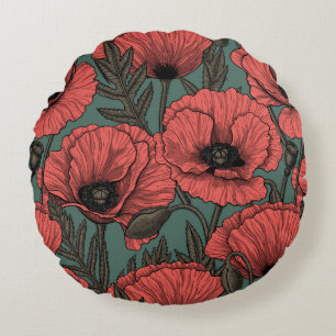 Vallmoträdgård i korall, brun och gräs grönt rund kudde