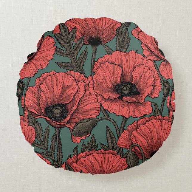 Vallmoträdgård i korall, brun och gräs grönt rund kudde (Framsidan)