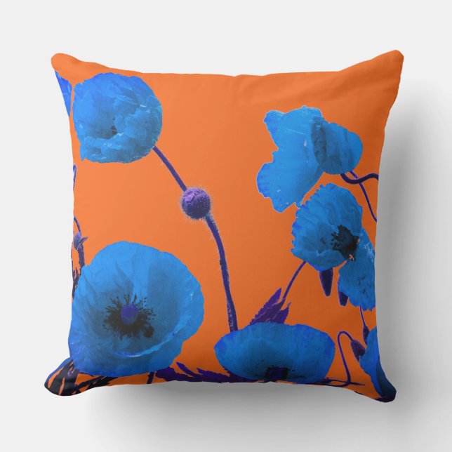Vallmoväxter Akvarell Solnedgång Orange Blå Blommi Kudde (Framsida)