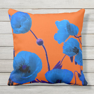 Vallmoväxter Akvarell Solnedgång Orange Blå Blommi Kudde