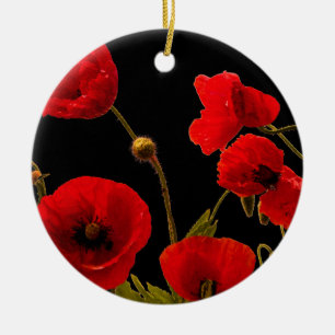 Vallmoväxter Röda Svarta Akvarell Blommor Poppies Julgransprydnad Keramik
