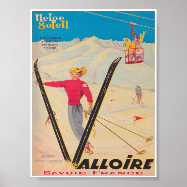 Valloire Frankrike Retro Vintage Ski Travel Poster (Framsidan)