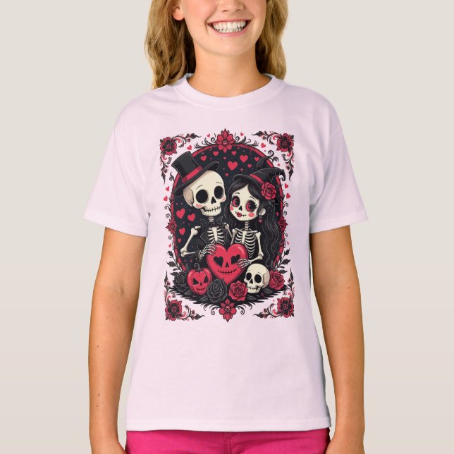 Valloween Loving Skeleton Couple T Shirt (Framsida)