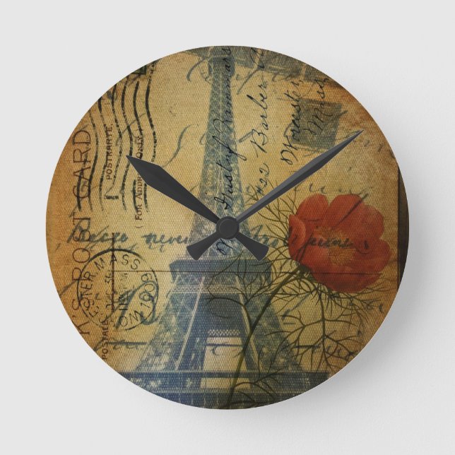 Vallvallmoblomma i Paris Eiffel Torn shabby chic Rund Klocka (Framsida)