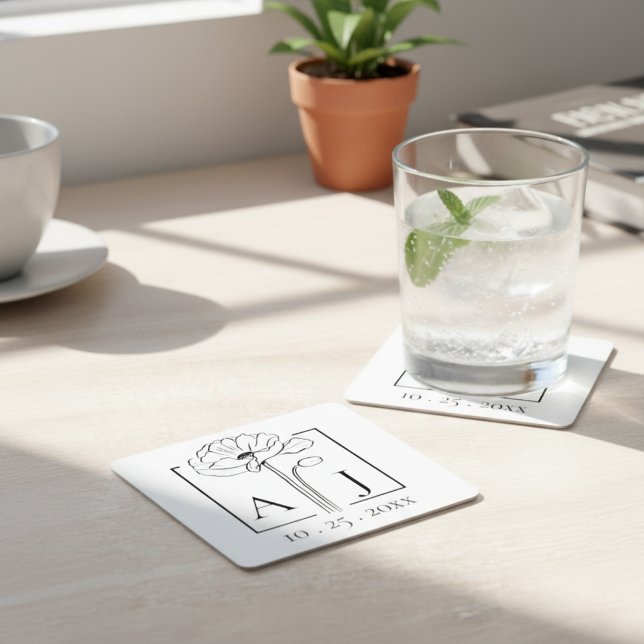 Valmublomster-monogram Underlägg Papper Kvadrat (Poppy Monogram Square Paper Coaster)
