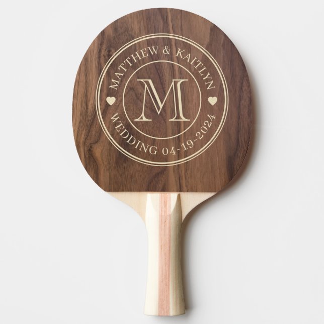 Valnötsträ Hjärta Bröllopsmonogram Pingisracket (Framsidan)
