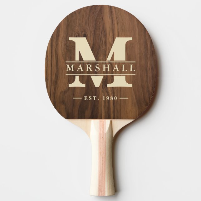 Valnötsträ Monogram & Namn Överlägg Pingisracket (Baksidan)