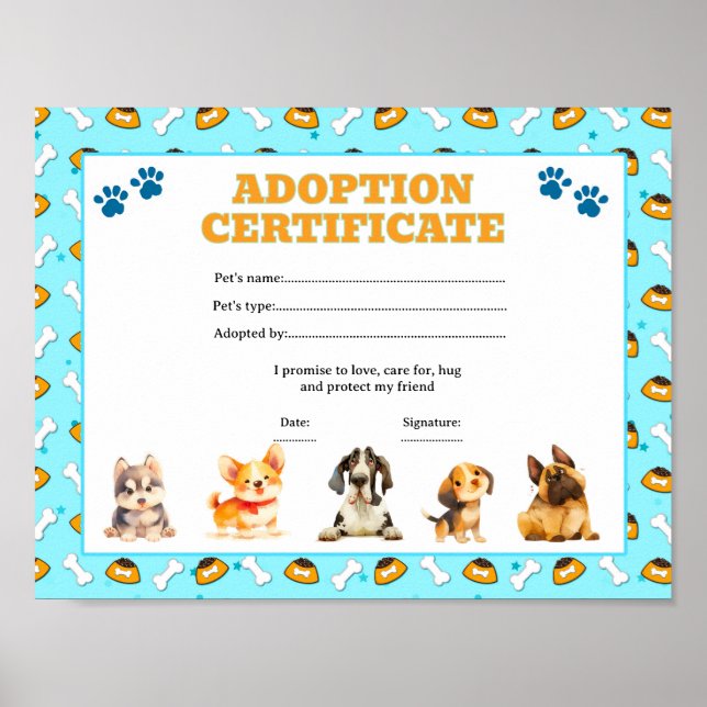 Valp-adoptapet-certifikat redigerbart poster (Framsidan)
