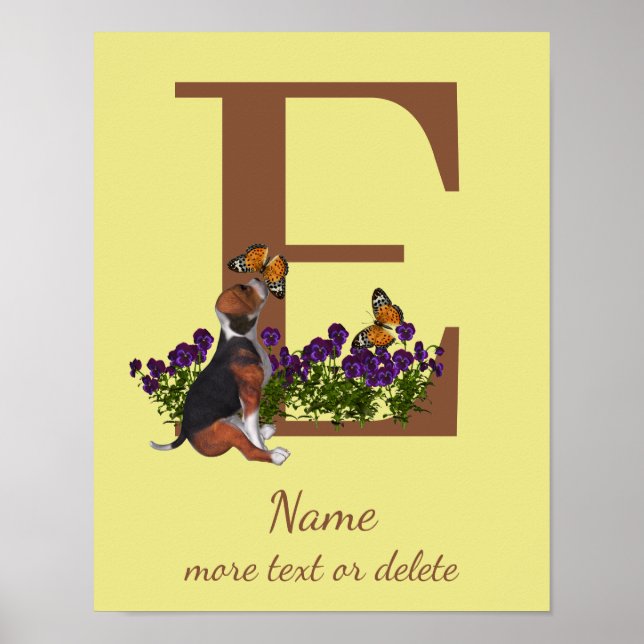 Valp av Beagle Fjärilar Monogram Initial E Namn  Poster (Framsidan)