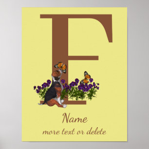 Valp av Beagle fjärilar Monogram Initial F Namn Poster