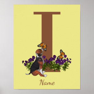 Valp av Beagle Fjärilar Monogram Initial I Namn Poster
