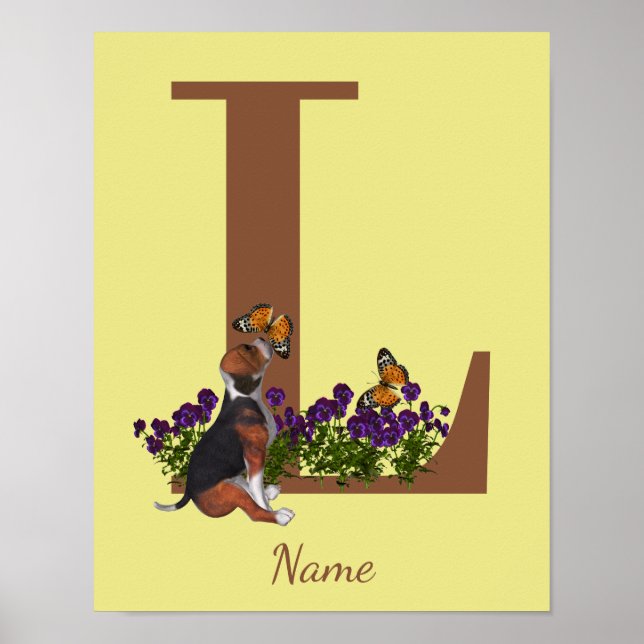 Valp av beagle fjärilar Monogram Initial L Namn  Poster (Framsidan)