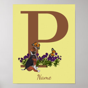 Valp av beagle fjärilar Monogram Initial P Namn Poster