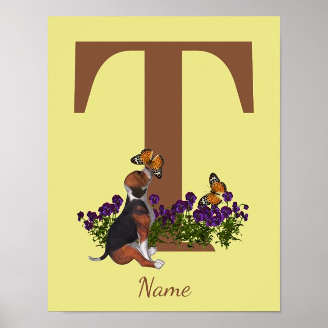 Valp av beagle fjärilar Monogram Initial T Namn  Poster (Framsidan)