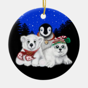 Valp av polar med julpenguin i baby julgransprydnad keramik