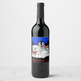 Valp av polar med julpenguin i baby vinflaska etikett