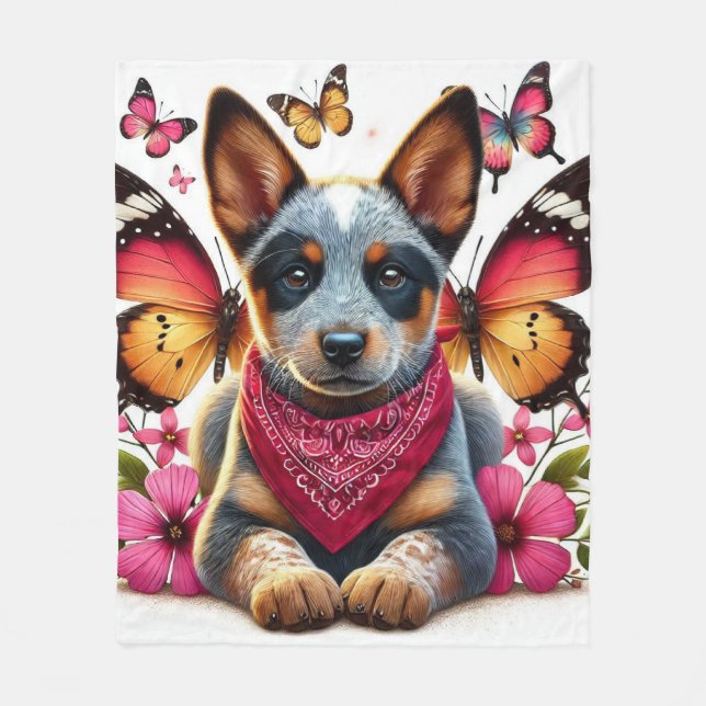 Valp av rasen Heeler omgiven av fjärilar och blomm Fleecefilt (Framsidan)