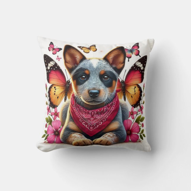 Valp av rasen Heeler omgiven av fjärilar och blomm Kudde (Framsida)