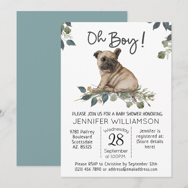 Valp Babyshower Oj boys! Pug Valp Inbjudningar (Fram/baksida)