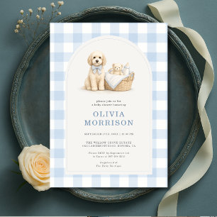 Valp Blå Gingham Pojke Baby Shower Inbjudningar