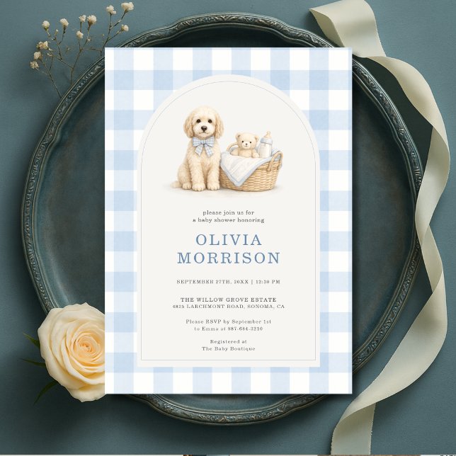 Valp Blå Gingham Pojke Baby Shower Inbjudningar (Skapare uppladdad)