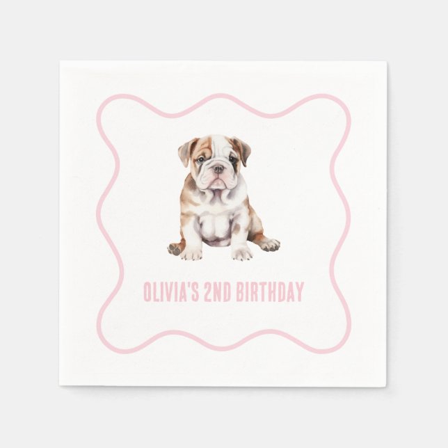 Valp bulldog preppy rosa rutig födelsedag pappersservett (Framsidan)