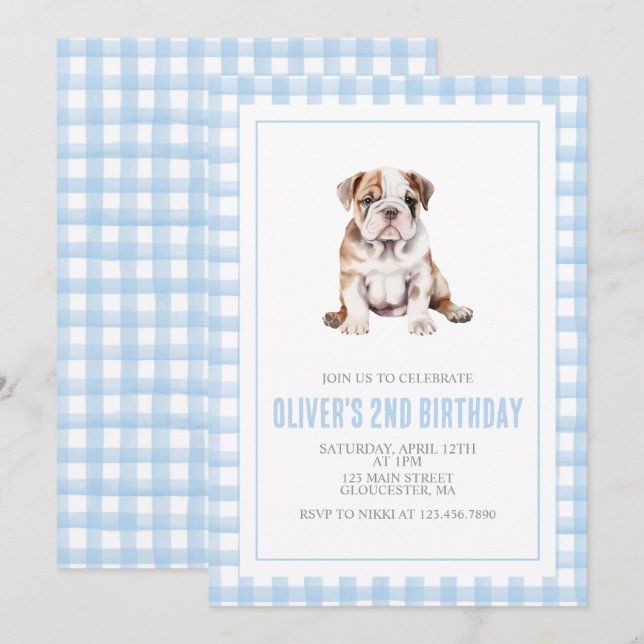 Valp bulldog preppy rutig födelsedag inbjudningar (Fram/baksida)