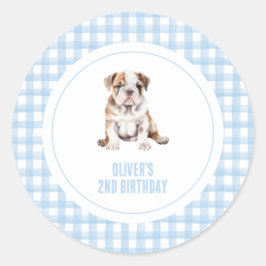 Valp bulldog preppy rutig födelsedag runt klistermärke