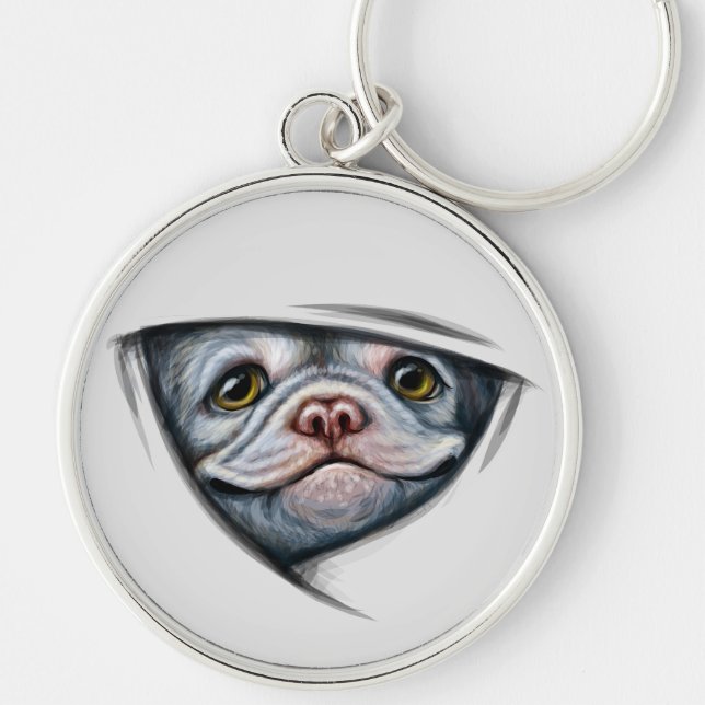 Valp Bulldog  Rund Silverfärgad Nyckelring (Framsidan)