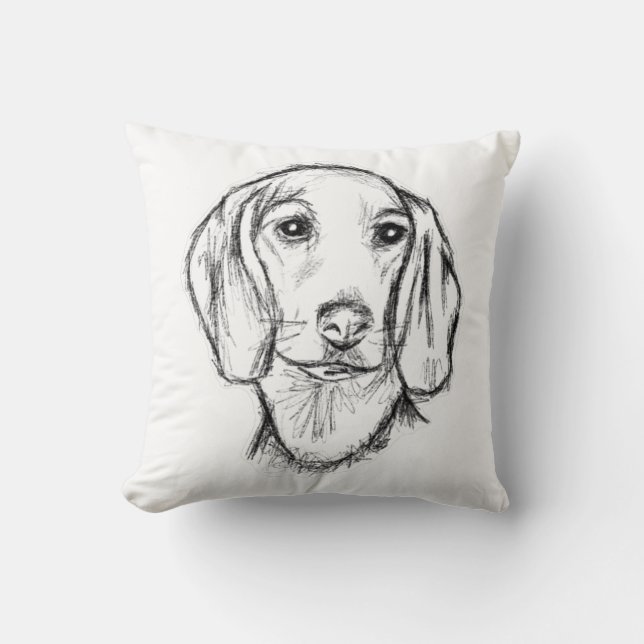 valp dachshund hund svart vit enkel teckning konst kudde (Framsida)