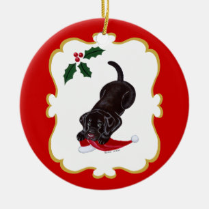 Valp för personligchokladlabb med den Santa hatte Julgransprydnad Keramik